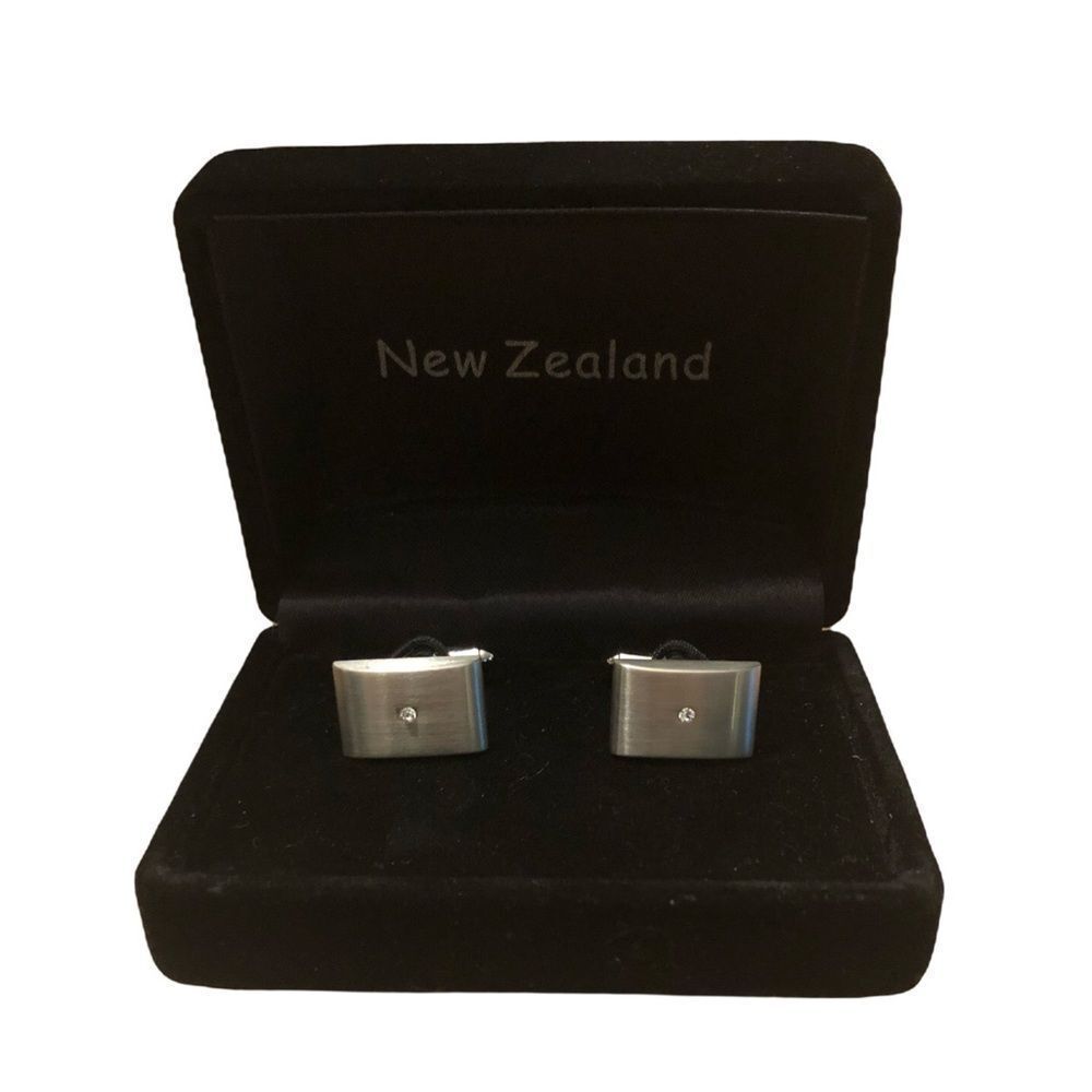 Brushed Silver Cuff Links, Bullet Back with Diamond-like Stone, NWOT‎